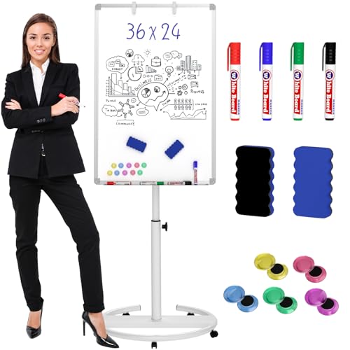 Nicpro Mobile Whiteboard 36"x 24" Magnetic Dry Erase Board, Height Adjustable Standing Easel with 5 Wheels, Flipchart Hooks, Rolling for Office Home or Classroom Teaching