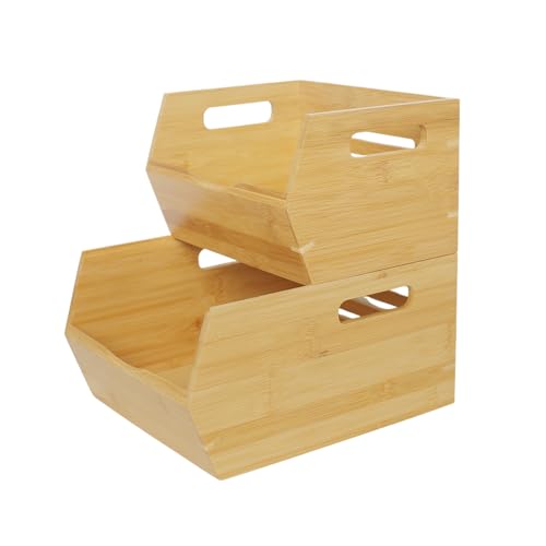Ninebendstreams Bamboo Pantry Storage Bins,Potato and Onion Storage Bin Ventilated stackable Design Kitchen Organization Storage Basket Food Fruit Container for Cabinet, Studio, Office