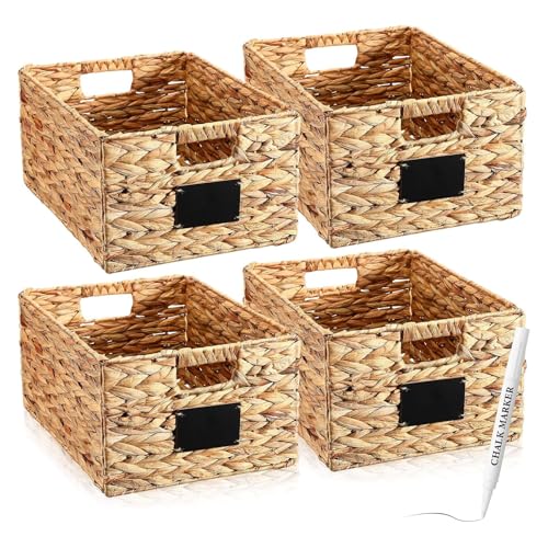 Nitial 2 Pcs Wicker Storage Basket, Rectangular Water Hyacinth Storage Basket for Shelving, Foldable Woven Pantry Organizer with Chalkboard Label and Chalk Marker (Natural,16 x 12 x 8 Inch)