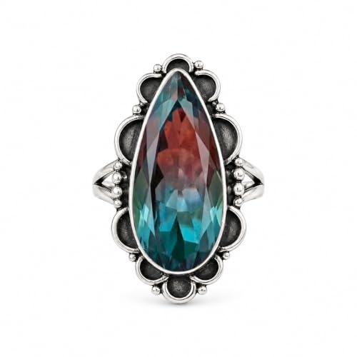 NKG Handmade 925 Sterling Silver Pated Alexandrite Quartz Ring Vintage Style Southwestern Boho Statement Ring for Women Large Pear Gemstone Ring Birthday Anniversary Jewelry Gift for Her