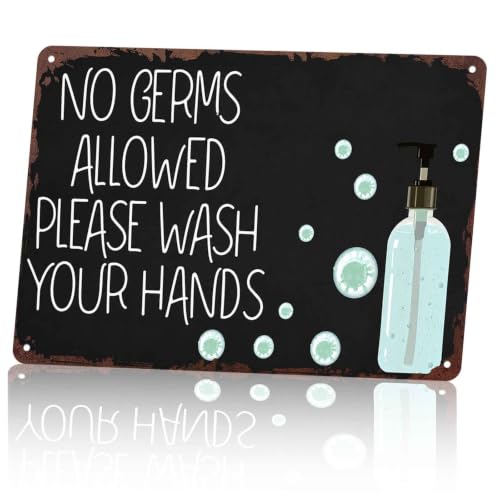 No Germs Allowed Please Wash Your Hands Metal Sign 8x12 Inch, Funny Aluminum Wall Decor for Bathroom Kitchen Hospital Office Classroom Nursery School Clinic Doctor Office and Restroom