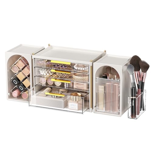 nohozi 4-Tier Drawer Makeup Organizer, 3-in-1 Free Combination Cosmetic Storage with Lipstick Holder & Brush Rack, Skincare Organizer with Mini Tray for Vanity Bathroom Bedroom Dorm