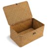 Nonam Small Basket with Lid, Natural Seagrass Bin with Lid, Shelf Baskets Multipurpose Container for Boho Decoration, Rectangular Household Storage Boxes for Home Organization-Natural