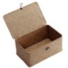 Nonam Small Basket with Lid, Natural Seagrass Bin with Lid, Shelf Baskets Multipurpose Container for Boho Decoration, Rectangular Household Storage Boxes for Home Organization-Coffee