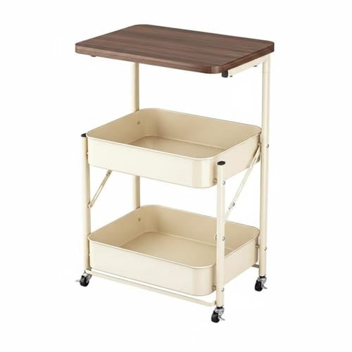 NonMiFyR Foldable Storage Cart Rolling Utility Trolley Organizer with Built in Tabletop and Wire Basket Shelves Mobile 3 Tier Structure Folding Frame Suitable for Laundry Room condo, Cream White