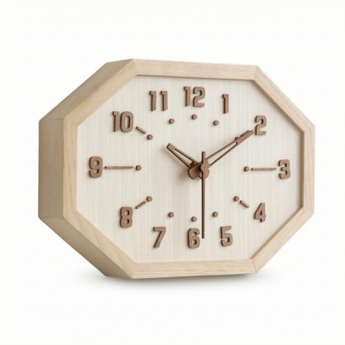 NonMiFyR Wooden Wall Clock Silent Analog Clock with Lightweight Wood Rim Raised Numeral Markers Ivory Background Slim Brown Hands Calm Aesthetic Suitable for Office Bedroom Studio Hallway