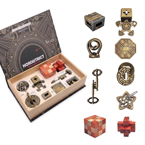 NORDISTRICT 9PCS Metal Brain Teaser Puzzle Set, 3D Disentanglement Interlocking IQ Brain Puzzles for Adults & Teens, Fidget Desk Toy, Stress Relief Gift for Birthday, Christmas, Holiday & Family Party