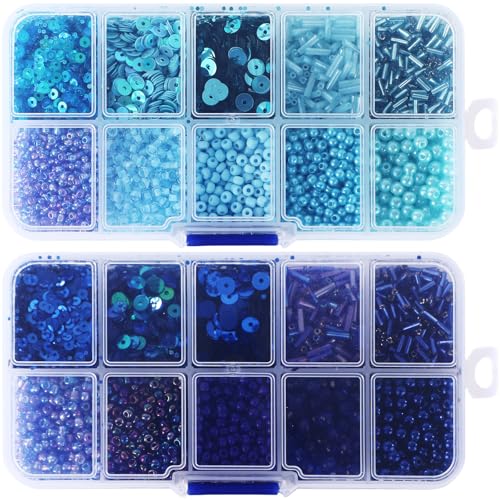 Norme 2 Sets Glass Seed Beads and Loose Sequins Kit Loose Beads for Jewelry Making DIY Crafts Felt Kits Embroidery Bracelets and Necklaces 20 Colors(Blue)