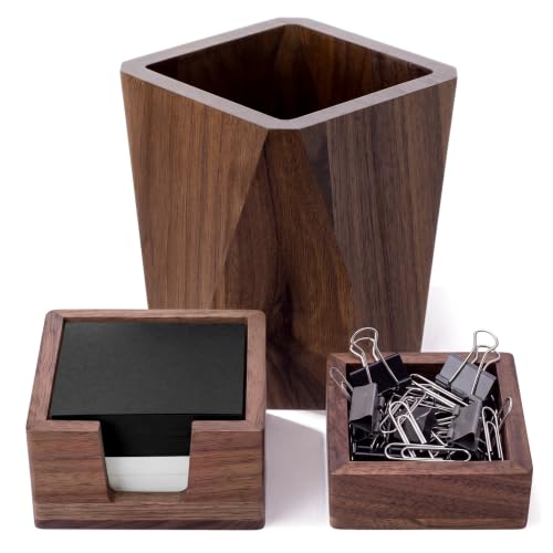 Novabright 3 Pcs Walnut Wooden Desk Organizer Set Multifunctional Desktop Writing Stationery Organizer Wood Sticky Note Holder, Pencil Holder and Paperclip Storage for Marker Craft Desk Home Office