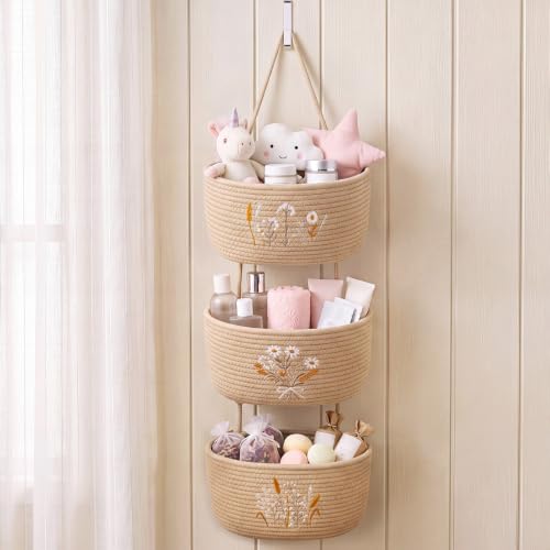 Novabright 3 Tier Hanging Wall Basket for Organizing Boho Embroidery Woven Over the Door Hanging Baskets with Hooks Rustic Wall Mounted Storage Organizer Closet for Nursery Bedroom Bathroom Kitchen