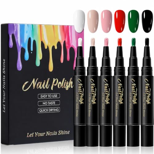 NovaCharm Water Based Nail Polish Pen Set, 6 Classic Colors Peel Off Nail Polish Pens, Quick Dry Air Dry Nail Art Markers, No UV Lamp Fingernail Polish for DIY Manicure and Pedicure
