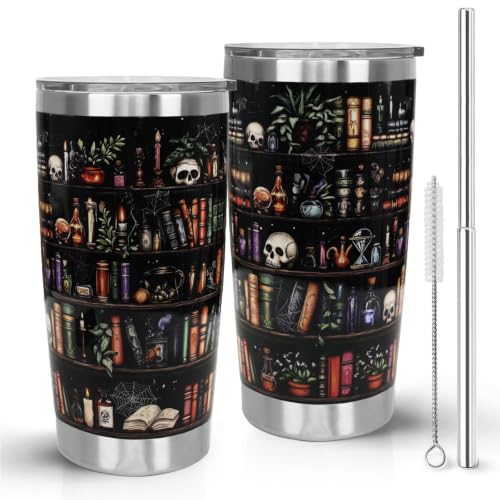 Nqhsionv Book Lovers Gifts 20oz Halloween Book Lover Tumbler Fall Goth Skull Bookshelf Coffee Travel Mugs Christmas Insulated Leakproof Vacuum Cup Gifts for Women Readers,Reading,Bookish,Librarian