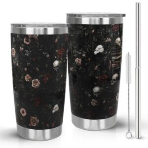 Nqhsionv Books Gifts 20oz Halloween Goth Skull Rose Tumbler Retro Bookworm Coffee Travel Mugs Insulated Cup with Handle and Straw Gifts for Women Readers,Reading,Bookish,Librarian,Book Lovers