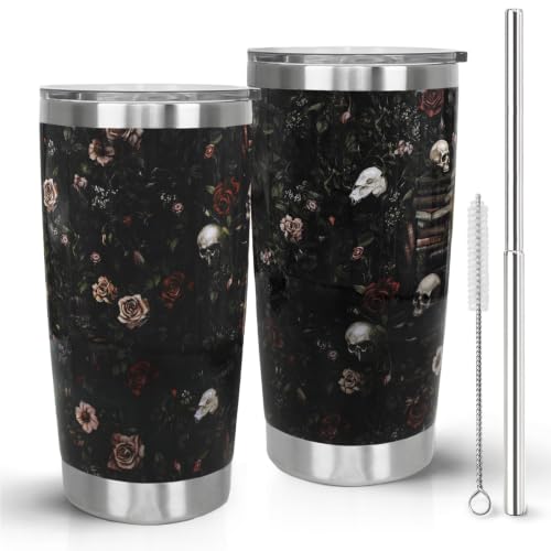 Nqhsionv Books Gifts 20oz Halloween Goth Skull Rose Tumbler Retro Bookworm Coffee Travel Mugs Insulated Cup with Handle and Straw Gifts for Women Readers,Reading,Bookish,Librarian,Book Lovers