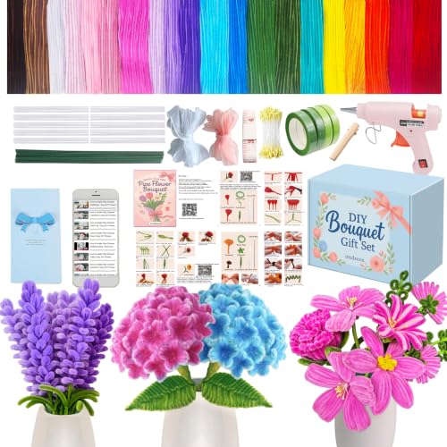 NREDXOON 1300Pcs Pipe Cleaner Flower Kit with Hot Glue Gun & Video Tutorials- DIY Bouquet Making Set - Easy Craft Supplies for Adults, Seniors, Nursing Homes, Beginners & Summer Crafts
