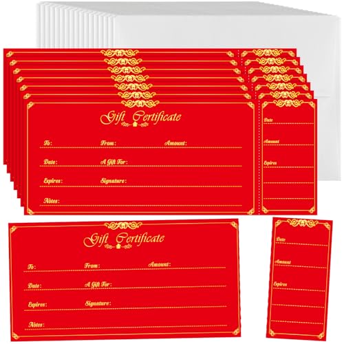 Nuanchu 100 Sets Gift Certificates for Business Christmas Blank Gift Certificate Cards Vouchers Coupon Card with 100 Envelopes for Salon Spa Restaurants Birthday, 4.7 x 2.4 in(Red,Classic)