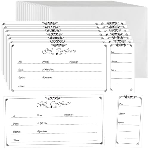 Nuanchu 100 Sets Gift Certificates for Business Christmas Blank Gift Certificate Cards Vouchers Coupon Card with 100 Envelopes for Salon Spa Restaurants Birthday, 4.7 x 2.4 in(White,Classic)
