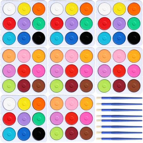 Nuanchu 4 Sets 72 Pcs Tempera Paint Cakes with Tray 18 Colors 2.24 x 0.71inch Large Washable Painting Cakes with Paintbrush Paints Blocks Art Supplies for Art Sessions Drawing Artists Beginners