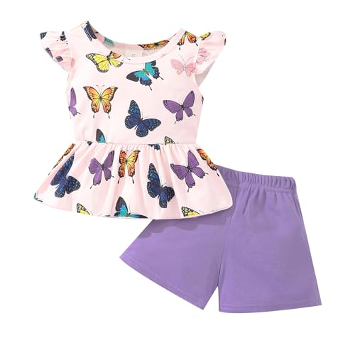 NUBEEHOHO Girl Summer Outfits Spring Clothes 4T 2-Piece Clothng Sets Animal Print Ruffle Sleeve Shirt and Purple Butterfly Shorts