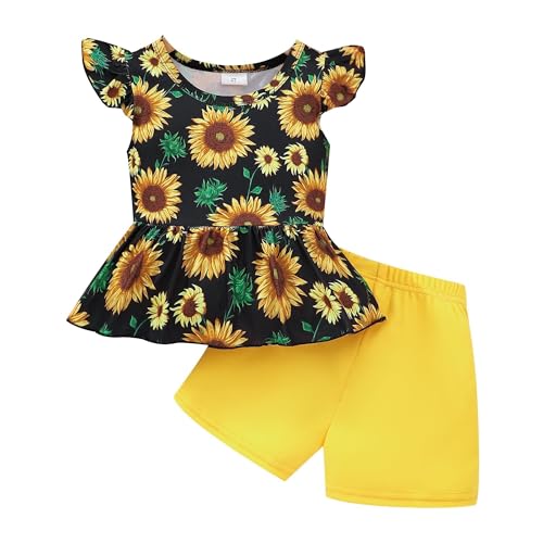 NUBEEHOHO Toddler Girls Short Sets Summer Flam Floral Clothes Sunflower Outfits Flower Tops and Elastic Waist Yellow Shorts 3T (871)