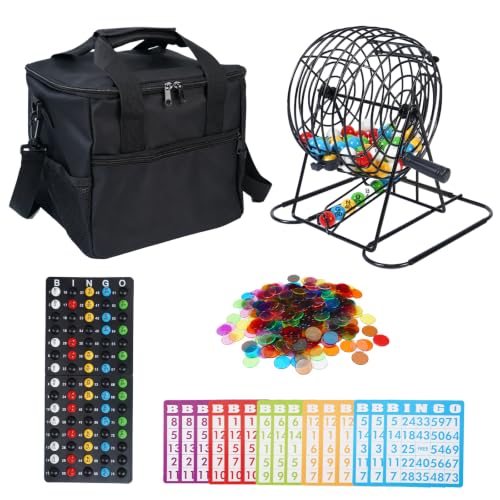 Nugnurt Deluxe Bingo Game Set with Laser Engraved Balls & 300 Chips – Includes 8" Metal Bingo Cage, 100 Large Print Cards, Master Board, Storage Bag for Family Parties & Group Games