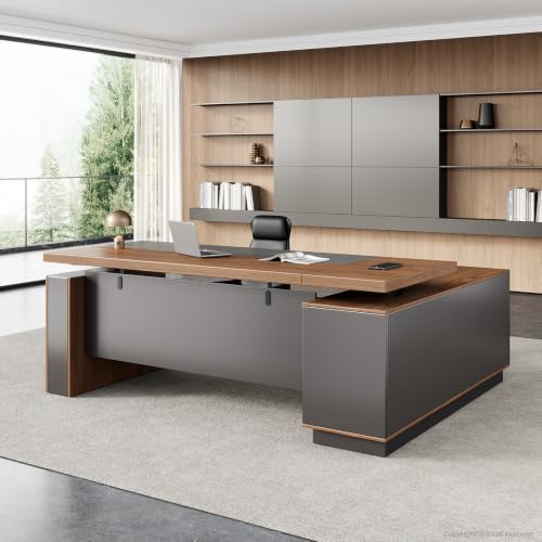 Nuipesn 79 Inch Electric L-Shaped Executive Desk, Height Adjustable Standing Desk for Home Office with Dual Motor Lift, 3 Memory Presets, LED Display and Cable Box, African Walnut and Iron Gray