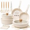NULAS 22 Piece Pots and Pans Set Non Stick, Stackable RV Kitchen Cooking Set, Cookware Set with Detachable Handle, Dishwasher Safe, Oven Safe, Cream White