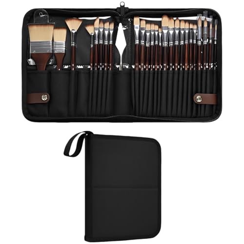 Nylon Hair Paint Brush Set, Watercolor Acrylic Gouache Paint Brush Set with 26 Pcs, Wooden Handle, Multiple Brush Tips, Paint Mixing Spatula, Portable Foldable Carrying Case, for Artists