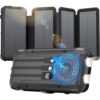 Nymzixt Solar Power Bank 20000mAh Portable Charger Built-in 3 Cables and Wireless Charging Battery Pack Compatible for iPhone, iPad, Bright 2 LED Flashlight Perfect for Camping (Black)