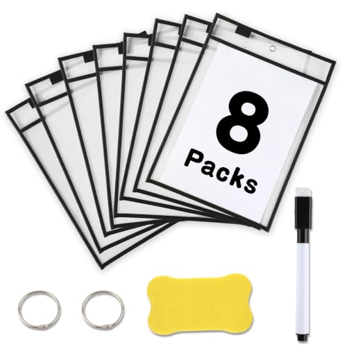 NZKNP 8 Packs Black Dry Erase Sleeves with Ring,Visual Plastic Pocket Protector with Holder,Resuable Basic Document Organizer for Classroom School Teacher Job,10 * 14 in Resistant Water File Folder
