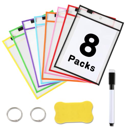 NZKNP 8 Packs Clear Dry Erase Pocket Sleeves with Ring,Back to School Supplies for Students,Homeschool Essentials,Middle School Stuff,Classroom Must Haves,Resuable Document Organizer for Teacher Job
