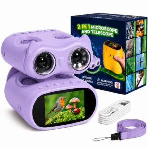 OAEBLLE 2-in-1 Kids Microscope and Telescope, 1000X Handheld Digital Microscope for Kids, 2.0" Screen, 8 LEDs, 10X Pocket Telescope for Outdoor, 1080P Camera STEM Toys Gift for Boys Girls 4-12, Purple