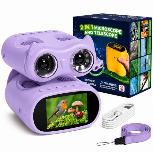 OAEBLLE 2-in-1 Kids Microscope and Telescope, 1000X Handheld Digital Microscope for Kids, 2.0" Screen, 8 LEDs, 10X Pocket Telescope for Outdoor, 1080P Camera STEM Toys Gift for Boys Girls 4-12, Purple