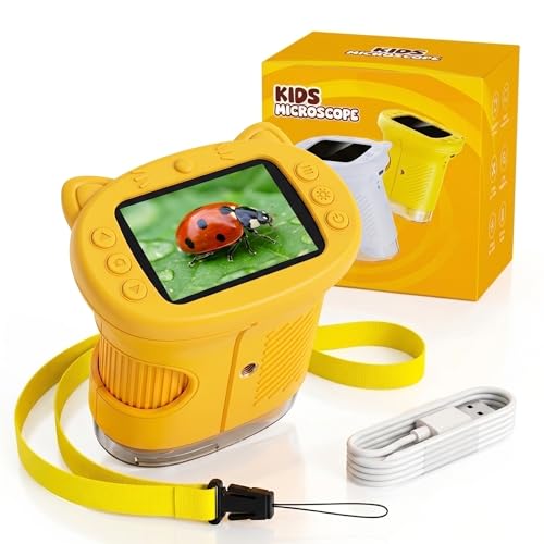 OAEBLLE Kids Microscope, 1000X Handheld Digital Pocket Microscope with 2.4" IPS Screen & 8 LEDs, Rechargeable STEM Educational Science Toy for Outdoor Exploration, Gift for Boys Girls Age 4-12, Yellow