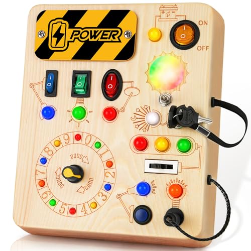 OAKJAR Busy Board, Montessori Toys for 1+ Year Old, Busy Board with 13 Led Light, Wooden Toddler Educational Travel Toy, 1 Year Old Boy&Girl Gifts