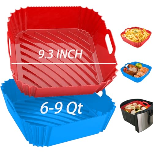 OAWEEN 2Pcs Silicone Air Fryer Liners Reusable Larger Square Thickened Airfryer Basket for 6 to 9 QT Baking Tray Accessories Kitchen Gadgets Replacement of Flammable Disposable Parchment Paper