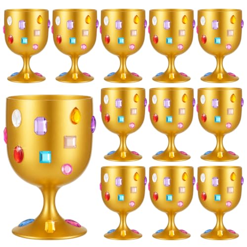 OBreezify 15 Pcs Medieval Gold Goblet DIY Gem Gold Plastic Wine Glasses with Gem Stickers 7 oz King Queen Chalice Wine Cup Medieval Party Decor for Wedding Champagne Toasting Carnival Drinking