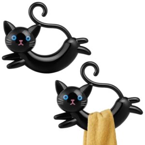 OBreezify 2 Pcs Cat Towel Rack, No-Drill Wall Mount, Cute Cat Decor Kitchen & Bath Towel Holder, Wall Storage Organizer for Apartment, Farmhouse, Hotel, Dorm & Office Use