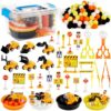 OBUSATT 200 Pcs Construction Sensory Bin Filler Toys with Storage Box - Fine Motor Counting Sorting Set Montessori Traffic Signs Pompoms Vehicles Educational Activities for Kids Toddlers Preschool