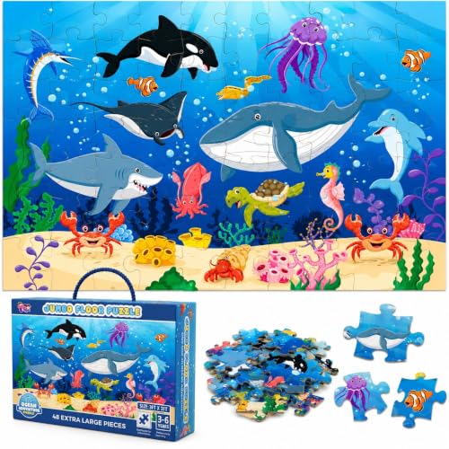 Ocean Underwater Animal 48 Piece Jumbo Floor Puzzles for Kids Ages 3-5 & 4-8, Giant 2 ft x 3 ft Large Jigsaw Puzzle, Screen-Free Educational Toy for Toddlers Preschoolers Kindergarten Boys Girls