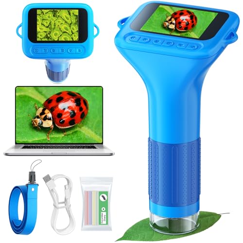 Odatay 1000X Digital Microscope for Kids with 12 Slides, 1080P Viewing & 2" Screen, Portable Pocket Science Edu Toys Gifts for Age 3-12 Exploring Bugs Plants & Outdoor Adventures, Blue