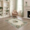 ODIKA 4'x6' Beige Blue Pastel Floral Square Washable Area Rug