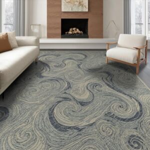 ODIKA 6'x9' Blue Beige Tidal Wave Abstract Motif Washable Area Rug