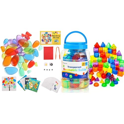 Odoorgames Translucent Stacking Rocks & 3D Shapes Set – Light Table Manipulatives and Rainbow Blocks for Teaching Geometry, Sensory Learning Toys for Kids