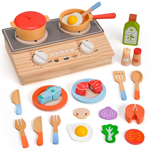ODRIEW Wooden Play Kitchen Accessories, 23Pcs Kids Cooking Sets Real with Storage Stove, Pots & Pans, Cutting Play Food, Montessori Gifts Toy Kitchen Sets for Toddlers 3-5 Girls Boys