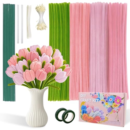 OFFAXE 400Pcs Pipe Cleaners Craft, Pipe Cleaner Bulk Flower Kit, 4 Assorted Colors Chenille Stems Flower Making Kit with Floral Wires, Gardening Tape, Stamen, Ribbon for DIY Art and Craft Supplies
