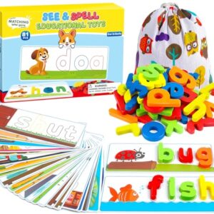 Officygnet Learning Toys for 3 4 5 6 Years Old Boys and Girls, See & Spell CVC Word Builders with Alphabet Cards for Kids Ages 3-5, Matching Letter Game for Preschool Toddler Learning Activities
