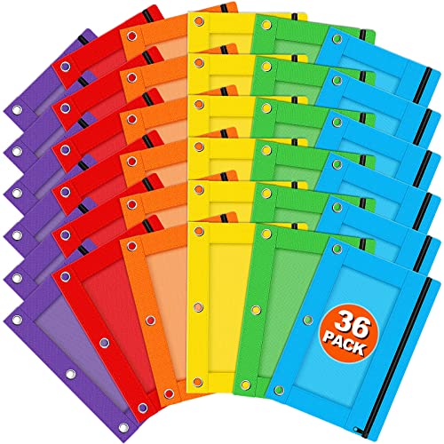 Officygnet Pencil Pouch for 3 Ring Binder, 36 Packs Bulk Zipper Pencil Case in 6 Colors, Pencil Pouches with Clear Window for Storing School Office Supplies, Cloth Pencil Bag for 3 Hole Binder
