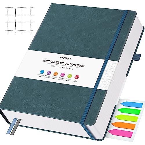 OFFIGIFT Graph Paper Notebook, 312 Numbered Pages A5 Hardcover Leather Journal, 100gsm No Bleed Grid Paper Notebook with Index Pages, Grid Notebook for Graphing Notes Math, 5.75" x 8.38", Grey Blue