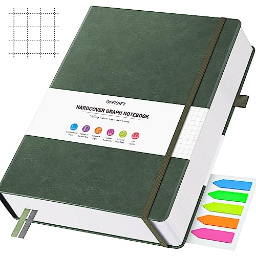 OFFIGIFT Graph Paper Notebook, 312 Numbered Pages Large A5 Hardcover Leather Journal, 100gsm No Bleed Grid Paper Notebook with Index Pages, Grid Notebook for Graphing Notes Math, 5.75" x 8.38", Green